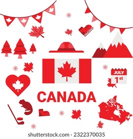 Vector illustration of different objects and symbols of Canada and the Canadian nationality. Sport, parties, objects, nature, animals, map of Canada. Infographic collection with the Canada concept.