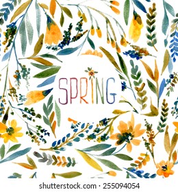 Vector illustration for different occasions. Cute summer and spring card. Floral seamless pattern with yellow watercolor flowers on the white background. Isolated. Yellow and blue flowers