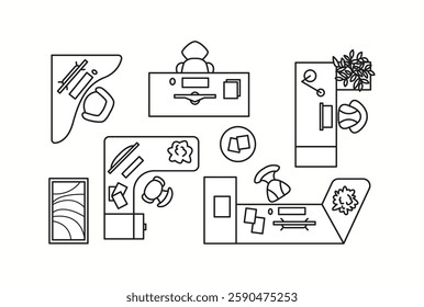 Vector illustration of different office desks with workspace elements, seen from a top-down view. Ideal for corporate interior planning and home office setups.