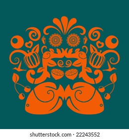 Vector illustration of different orange objects grupped into one abstract background.