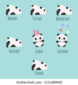 Vector illustration with different panda bears and days of the week.