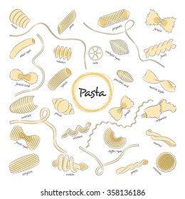 Vector illustration of different pasta shapes. Icons of pasta isolated on white background. Hand drawn.