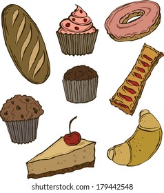 vector illustration of different pastries 
