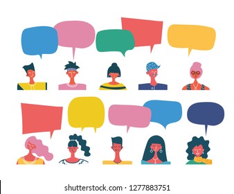 Vector illustration of different people avatar portraits with speech bubbles 