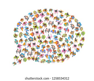 Vector illustration. Different people crowd in the shape of a speech bubble. Top view. Large group of people in the shape of a chat bubble. View from above. 