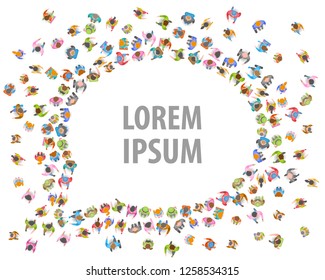 Vector illustration. Different people crowd in the shape of a speech bubble. Top view. Large group of people in the shape of a chat bubble. View from above. 