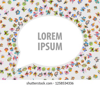 Vector illustration. Different people crowd in the shape of a speech bubble. Top view. Large group of people in the shape of a chat bubble. View from above. 
