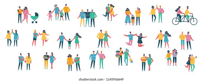 Vector illustration of different people,  family with children, couples, friends in the flat style.