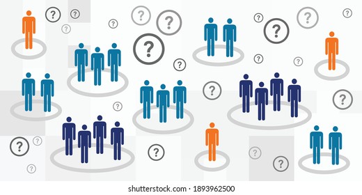 Vektorgrafik verschiedener Bevölkerungsgruppen und Fragezeichen für internationale und lokale Gemeinschaften
