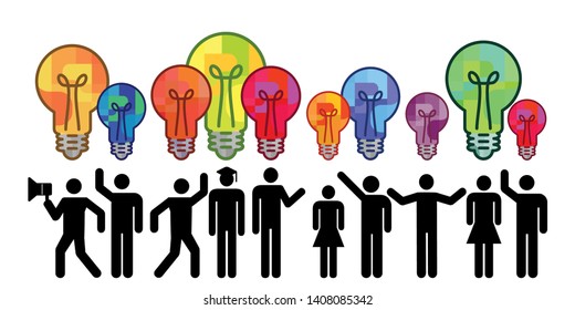 vector illustration of different people with idea symbol light bulb for individual creativity concept