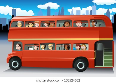 A vector illustration of different people looking out from the windows of a bus