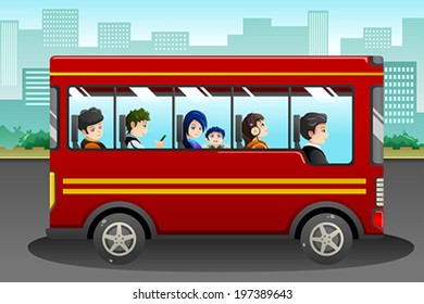 A Vector Illustration Of Different People Riding A Bus