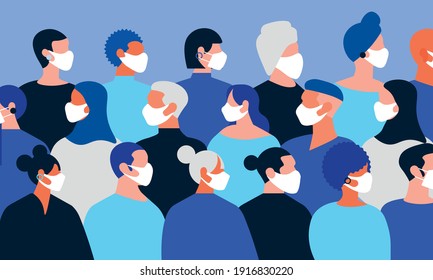 Vector Illustration With Different People Of Different Sexes And Ethnic Diversity All Wearing Face Masks. Concept Corona Virus And Vaccines In The Pandemic.