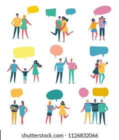 Vector illustration of different people speaking at the phone, taking a selfie, chatting, with speech bubbles