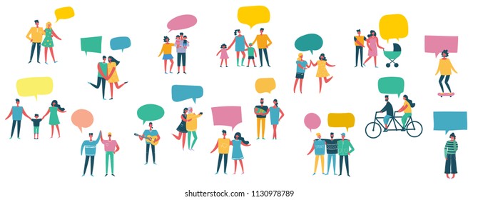 Vector illustration of different people speaking , taking a selfie, chatting and other with speech bubbles