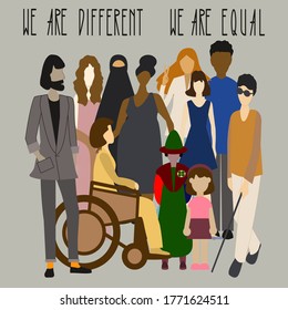 Vector illustration different people and text We are different We are equal. Human rights day