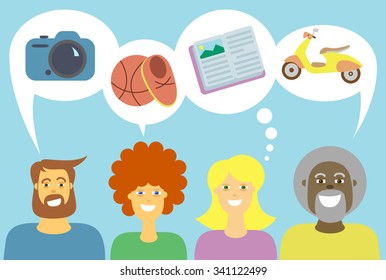 Vector Illustration Of Different People And Their Hobbies: Photography, Sport, Books, Moped