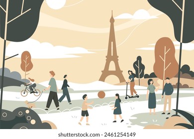 Vector illustration of different people walking in the park with Eiffel Tower in the background. Children and adults actively spend their free time outside. Outdoor games, cycling and scooter riding.