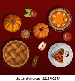 Vector illustration of different pies,apples,spices,pumpkins,cinnamon isolated on burgundy background. Thanksgiving day,banners,design,print,posters concept.