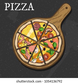 Vector illustration of a different pizza slices. Cheese, Margherita, pepperoni, seafood with shrimps, salmon, vegetarian with broccoli, mushroom champignon, ham, Hawaii. Color realistic style.