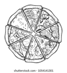 Vector illustration of a different pizza slices. Cheese, Margherita, pepperoni, seafood with shrimps, salmon, vegetarian with broccoli, mushroom champignon, ham, Hawaii. Vintage hand drawn style.