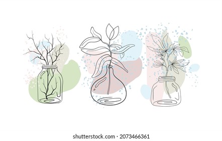 Vector illustration with different plants in jars and vases. Glassware and branches with leaves and flowers. A set of trendy compositions for printing on clothes and interior decoration.