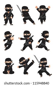 A vector illustration of different poses of a kid ninja