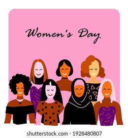 Vector illustration of different postcard girls. Womans day holiday. 8 march. Template, magazine, background, business, idea, layout, banner, postcard, people theme.