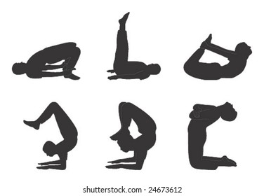 Vector illustration of different postures of yoga exercises.