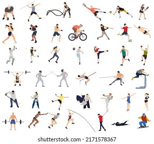 vector illustration of different professional sportspersons, fit people in action, motion isolated