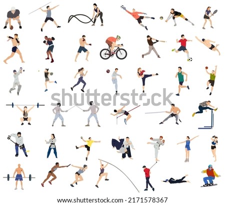 vector illustration of different professional sportspersons, fit people in action, motion isolated