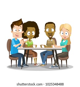 Vector illustration of different race friends having a good time together at cafe. Casually clothed male and female characters drinking coffee or tea. Isolated on white background