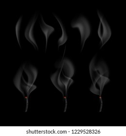 Vector illustration of different realistic fume waves set and smoke coming from extinguished wick isolated on black background