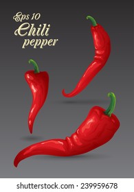 Vector illustration. Different red hot chili peppers on dark background. Natural organic food. Vegetables and spice