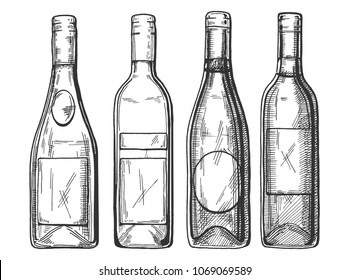 Vector illustration of a different red and white wine and champaign bottles set. Vintage engraving style.