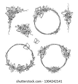 Vector illustration of a different rose wreath set. Flowers, roses, leaves and butterfly in a hand drawn tender doodle style. Great for floral wedding invitation decoration.