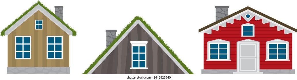 Vector illustration of different scandinavian norwegian houses. House in the ground with grass on the roof.
