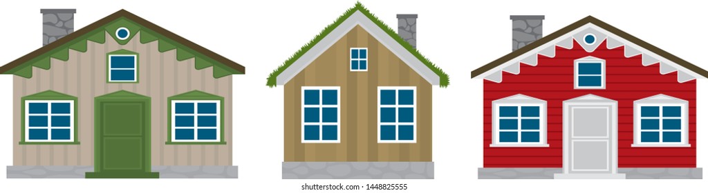 Vector illustration of different scandinavian norwegian houses. Houses looks like in Norway, Sweden. Modern viking houses.
