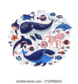 
Vector illustration of different sea animals and fish design in circle on white background.