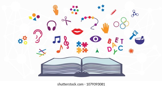 vector illustration of different sensory games and book for multisensory reading concepts