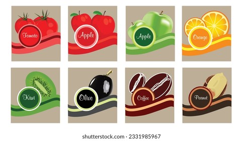 vector illustration of different set of fruit and vegetables labels. useful for packaging or graphic designs. tomato, apple, lemon, lime, kiwi, olive, coffee bean, peanut
