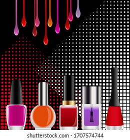 vector illustration of different shapes of bottles and color on a black background with abstract pattern.