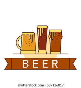 Vector illustration of the different shapes and kinds beer glasses on white background. Alcohol drinks and beverages topic.