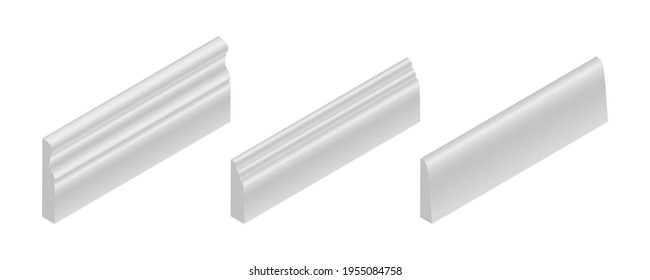 Vector illustration different shapes skirting boards for wall or floor isolated on white background. Set of realistic white baseboard icons in flat cartoon style. Isometric plastic or wood moldings.