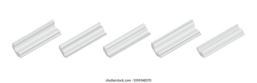 Vector illustration different shapes skirting boards for wall or floor isolated on white background. Set of realistic white baseboard icons in flat cartoon style. Isometric plastic or wood moldings.