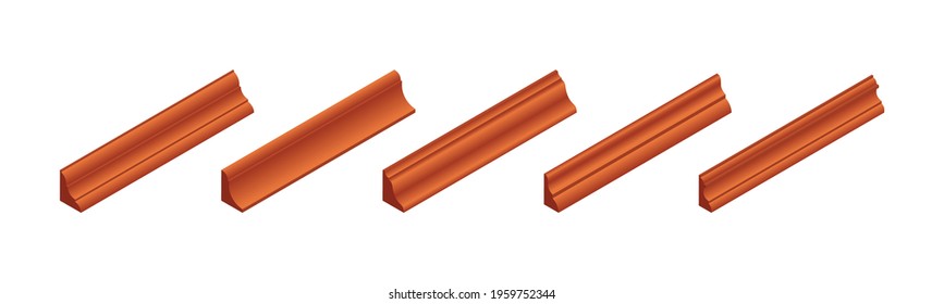 Vector illustration different shapes skirting boards for wall or floor isolated on white background. Set of realistic brown baseboard icons in flat cartoon style. Isometric plastic or wood moldings.