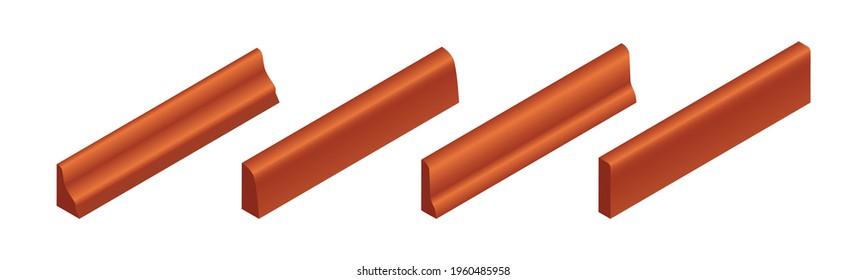 Ilustración vectorial de diferentes formas de tableros de borde para pared o piso aislados en fondo blanco. Conjunto de íconos realistas de baseboard en estilo de dibujos animados planos. Molduras de plástico o madera isométricas.