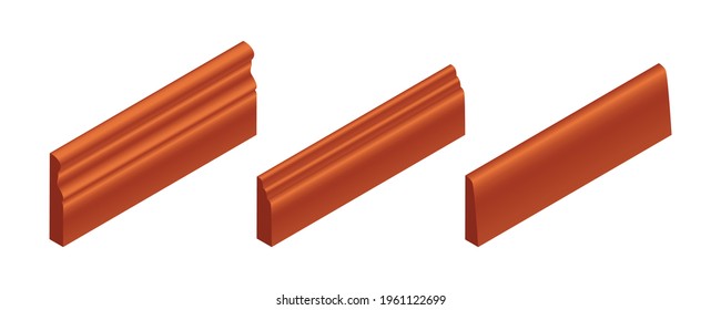 Vector illustration different shapes skirting boards for wall or floor isolated on white background. Set of realistic brown baseboard icons in flat cartoon style. Isometric plastic or wood moldings.