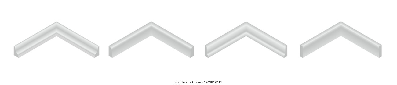 Ilustración vectorial de diferentes formas de tableros de borde para pared o piso aislados en fondo blanco. Conjunto de iconos realistas en la pizarra blanca al estilo de dibujos animados planos. Molduras de plástico o madera isométricas.