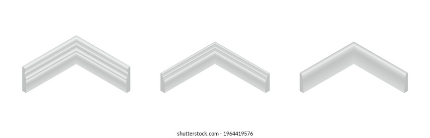 Vector illustration different shapes skirting boards for wall or floor isolated on white background. Set of realistic white baseboard icons in flat cartoon style. Isometric plastic or wood moldings.